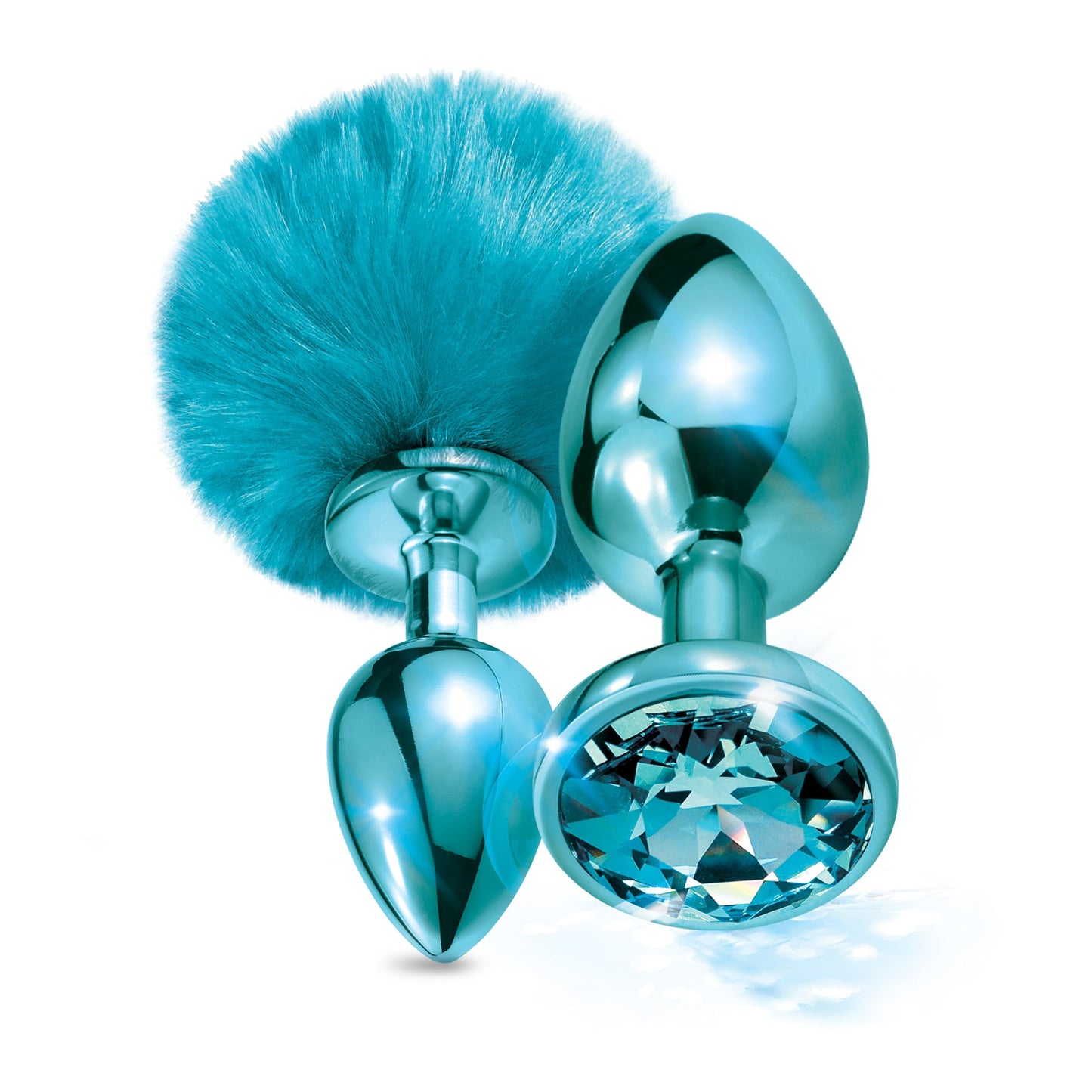 NIXIE Metal Butt Plug Set, Pom Pom and Jewel Inlaid, Blue Metallic - THES