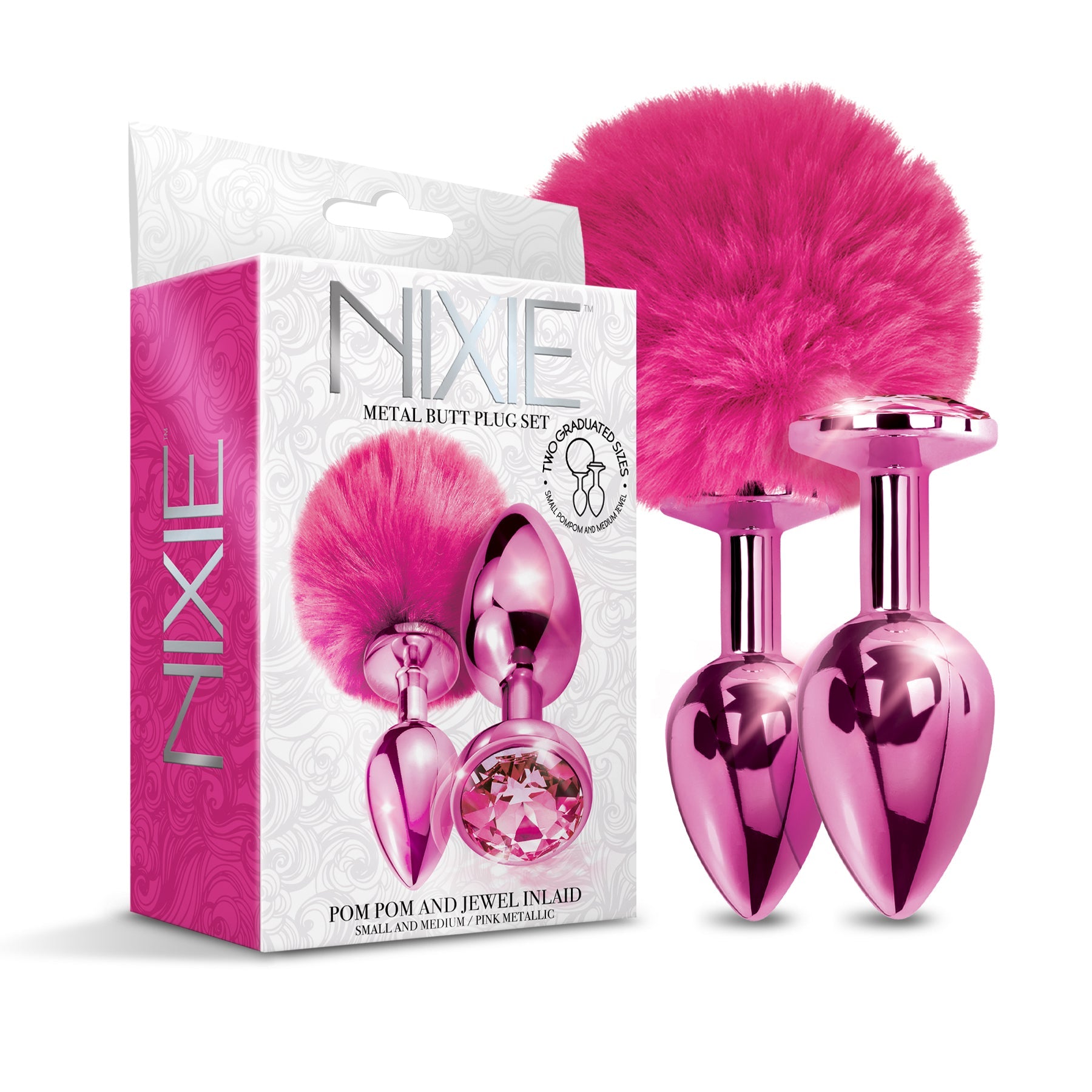 NIXIE Metal Butt Plug Set, Pom Pom and Jewel Inlaid, Pink Metallic Global Novelties LLC NIXIE Metal Butt Plug Set, Pom Pom and Jewel Inlaid, Pink Metallic Global Novelties LLC