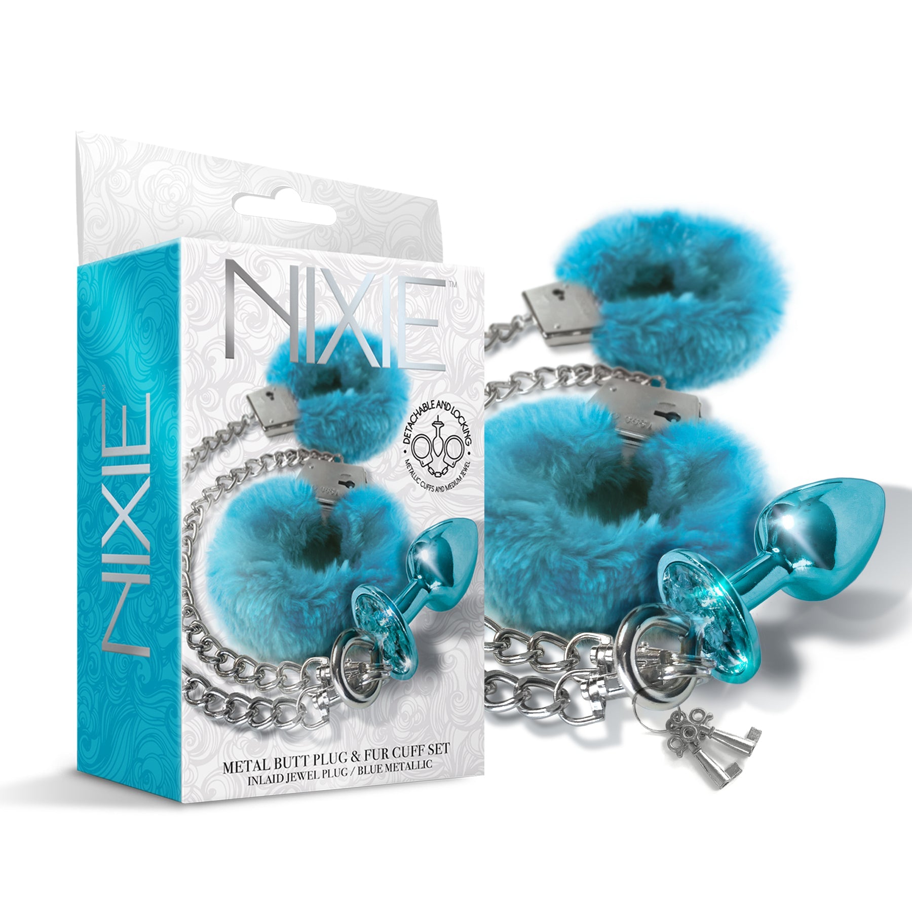 NIXIE Metal Butt Plug and Furry Handcuff Set, Blue Global Novelties LLC NIXIE Metal Butt Plug and Furry Handcuff Set, Blue Global Novelties LLC