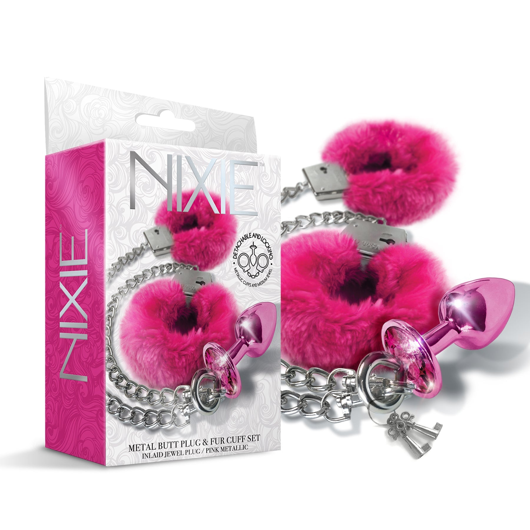 NIXIE Metal Butt Plug and Furry Handcuff Set, Pink Global Novelties LLC NIXIE Metal Butt Plug and Furry Handcuff Set, Pink Global Novelties LLC