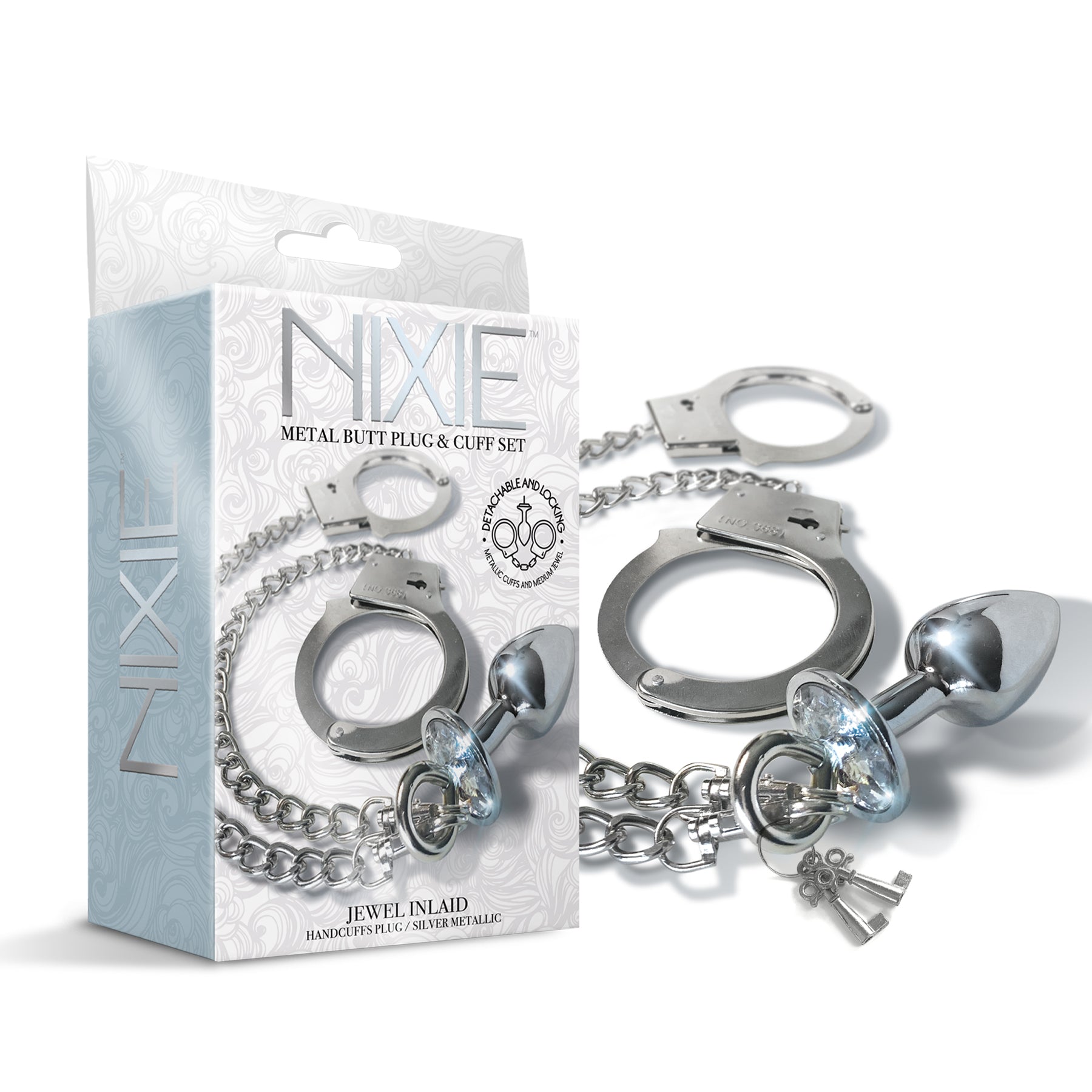 NIXIE Metal Butt Plug and Handcuff Set, Silver Global Novelties LLC NIXIE Metal Butt Plug and Handcuff Set, Silver Global Novelties LLC