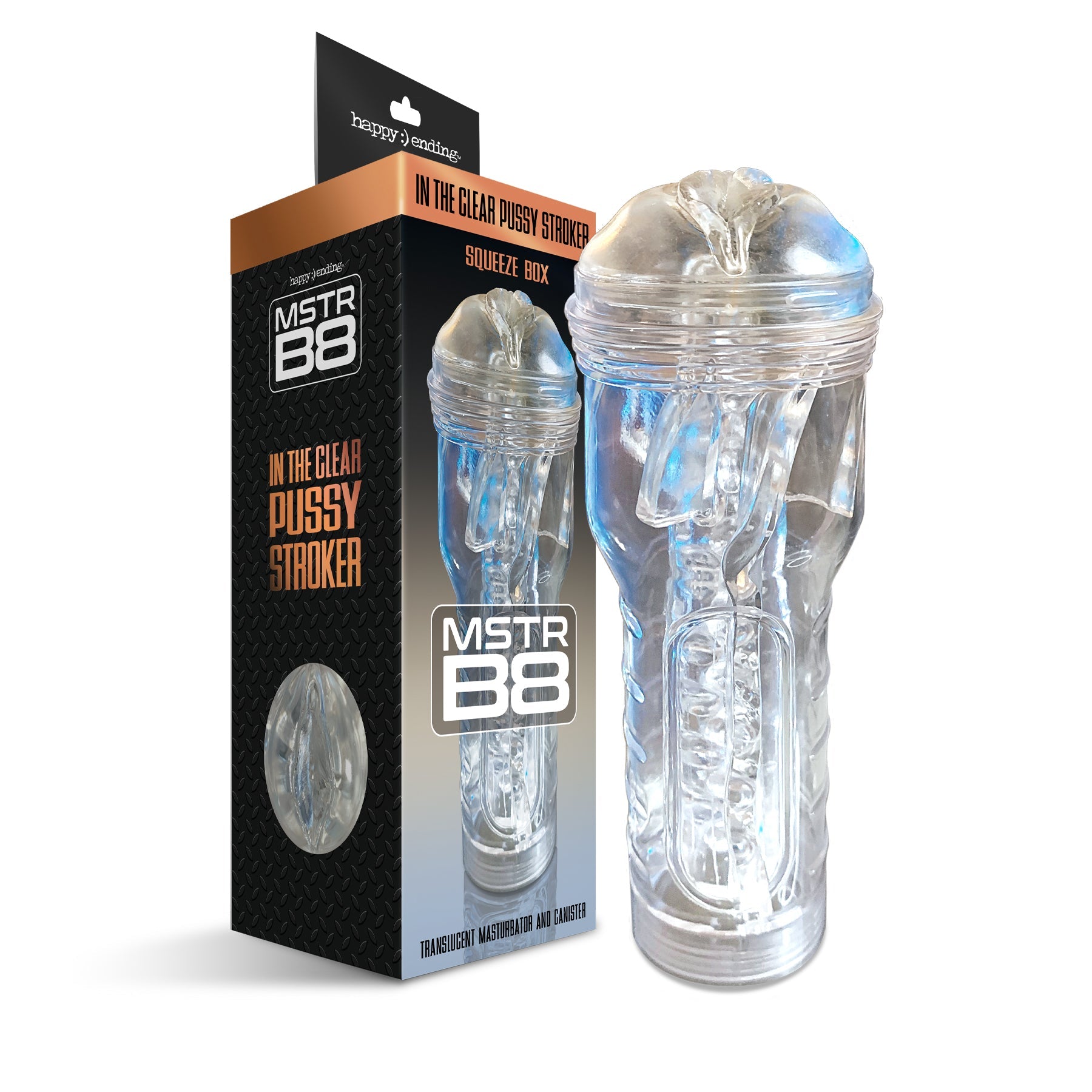 MSTR B8 In the Clear Pussy Stroker, Squeeze Box Canister – Global Novelties  LLC Wholesale