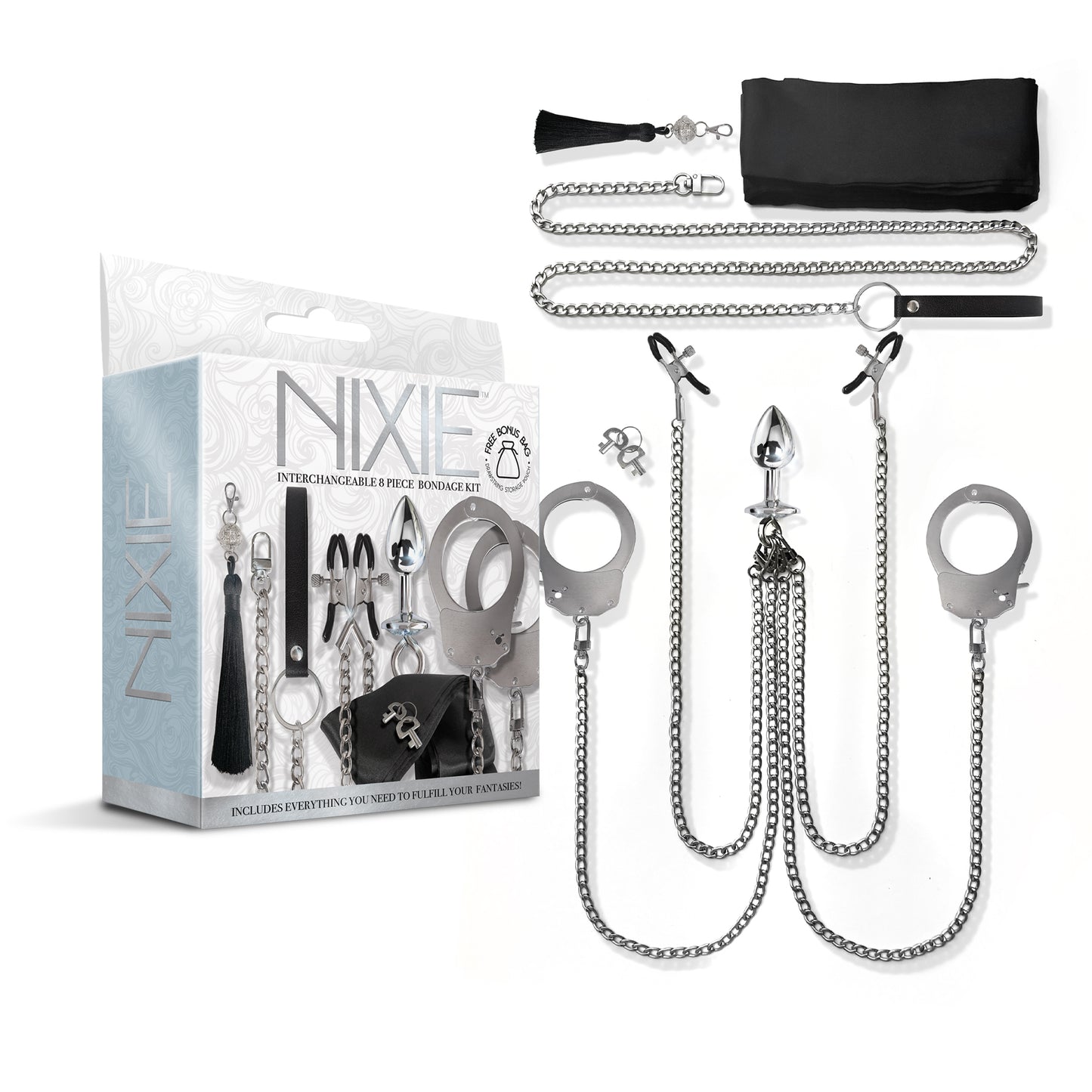 NIXIE Interchangeable 8 Piece Bondage Kit, Silver