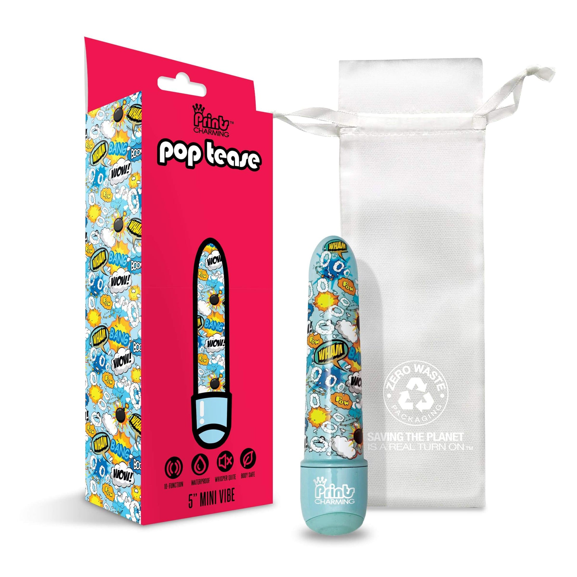 Prints Charming Pop Tease 5" Mini Vibrator, Wham, Blue w/storage bag - The Happy Ending Shop