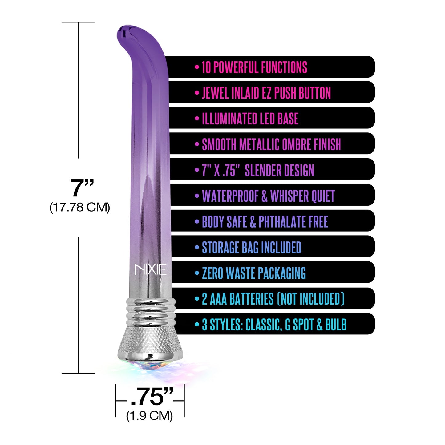 Nixie Jewel Ombre G-Spot Vibe, 10 Function, Purple Glow w/storage bag - THES