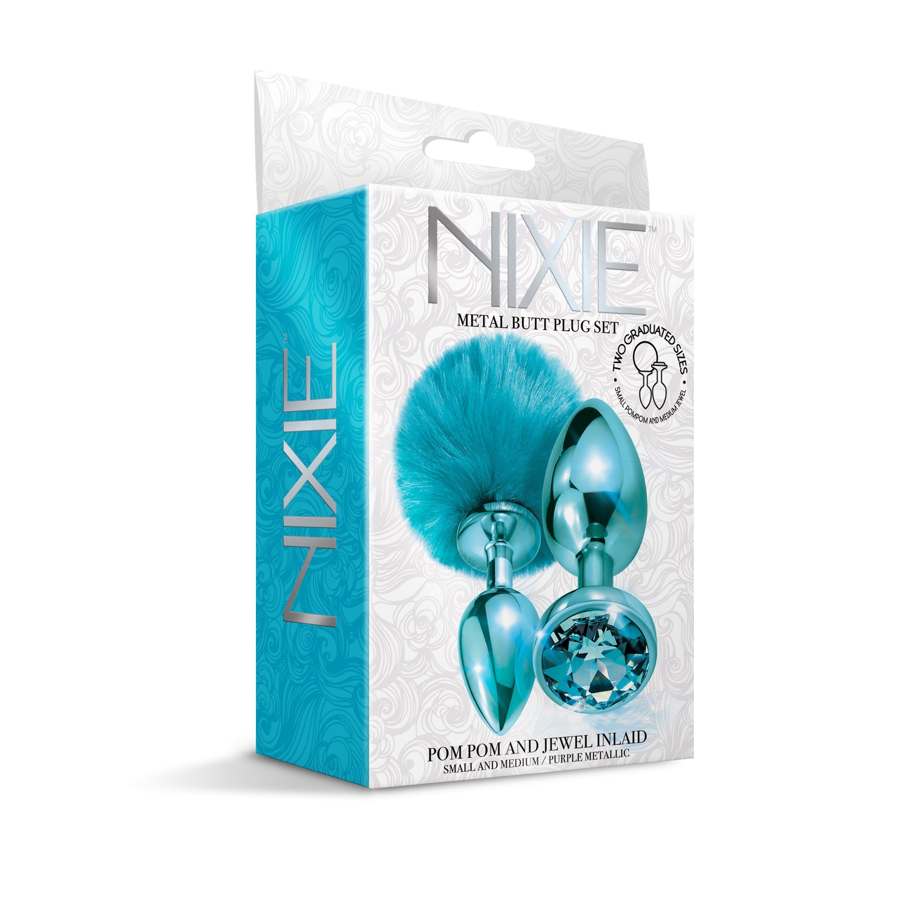 NIXIE Metal Butt Plug Set, Pom Pom and Jewel Inlaid, Blue Metallic - THES