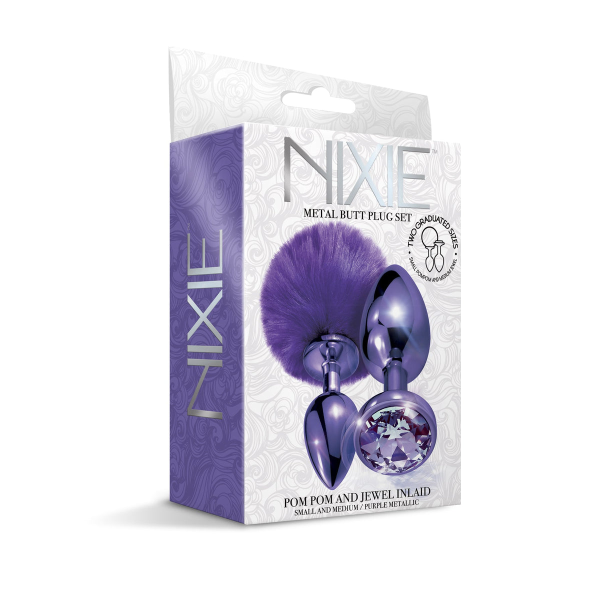 NIXIE Metal Butt Plug Set, Pom Pom and Jewel Inlaid, Purple Metallic