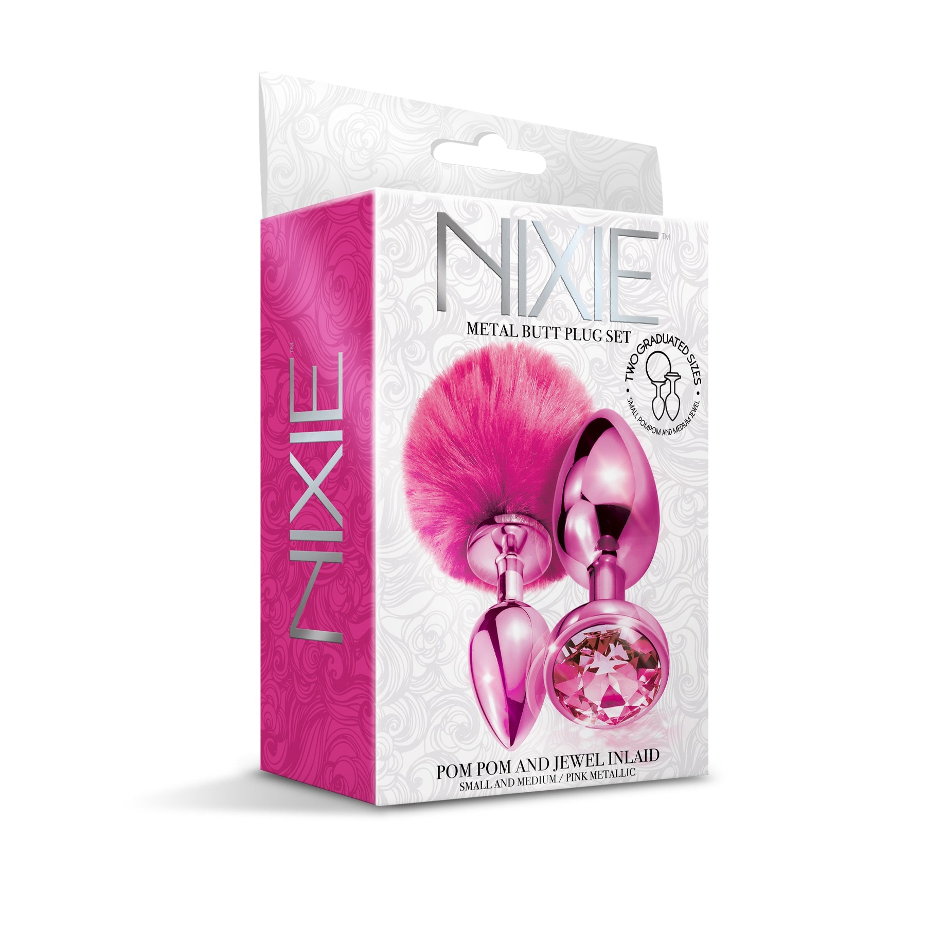 NIXIE Metal Butt Plug Set, Pom Pom and Jewel Inlaid, Pink Metallic - THES