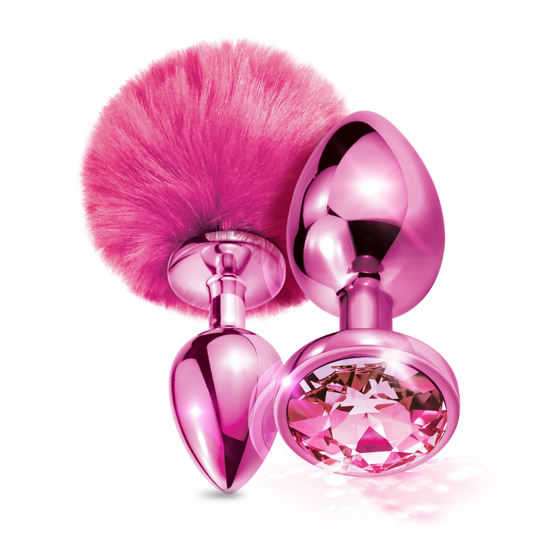 NIXIE Metal Butt Plug Set, Pom Pom and Jewel Inlaid, Pink Metallic Global Novelties LLC NIXIE Metal Butt Plug Set, Pom Pom and Jewel Inlaid, Pink Metallic Global Novelties LLC