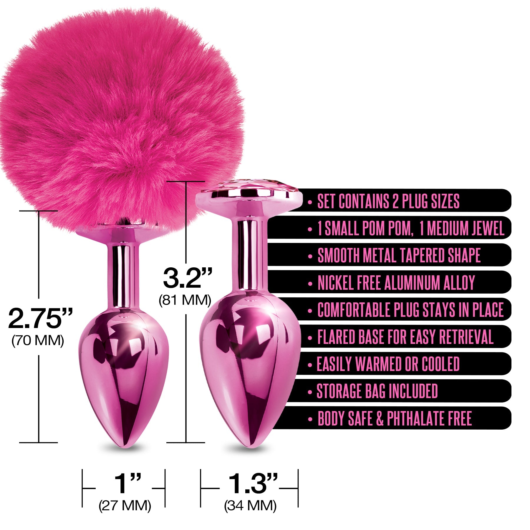 NIXIE Metal Butt Plug Set, Pom Pom and Jewel Inlaid, Pink Metallic Global Novelties LLC NIXIE Metal Butt Plug Set, Pom Pom and Jewel Inlaid, Pink Metallic Global Novelties LLC