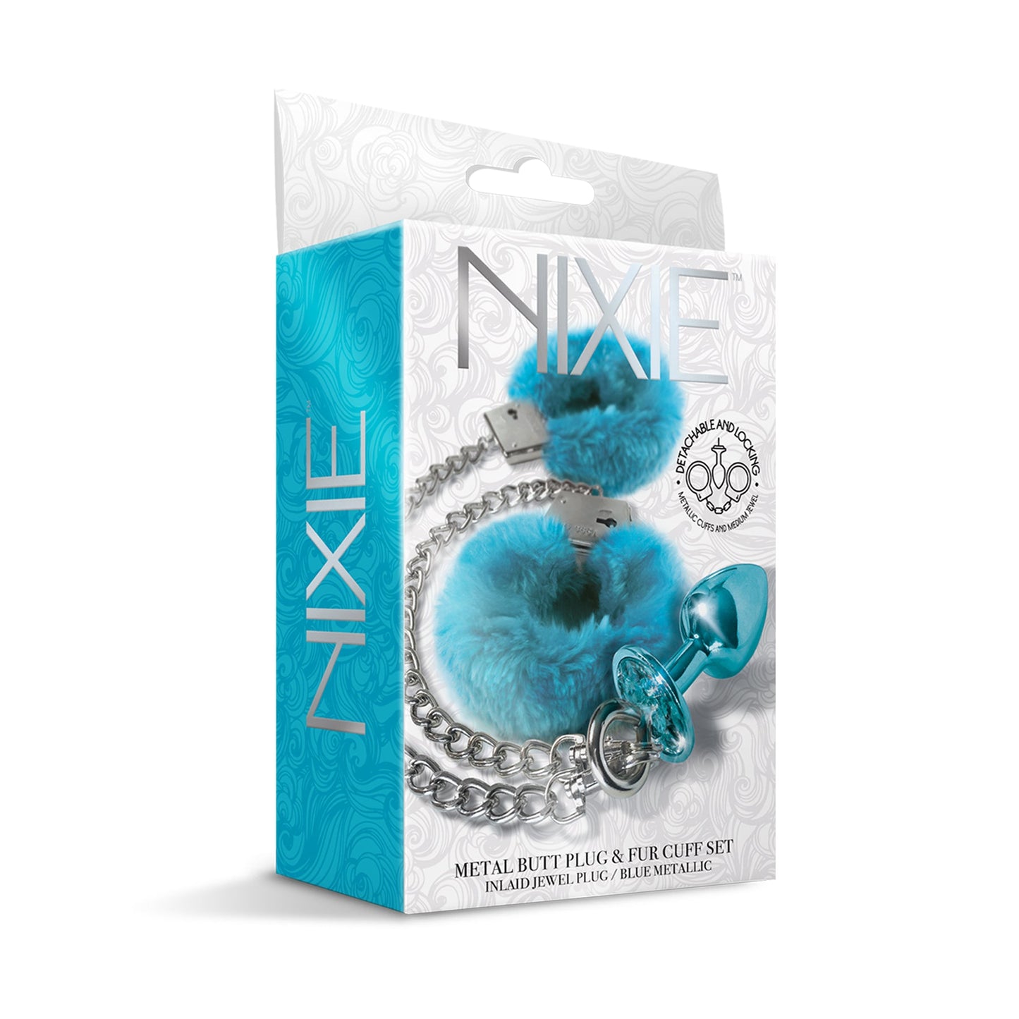 NIXIE Metal Butt Plug and Furry Handcuff Set, Blue - THES