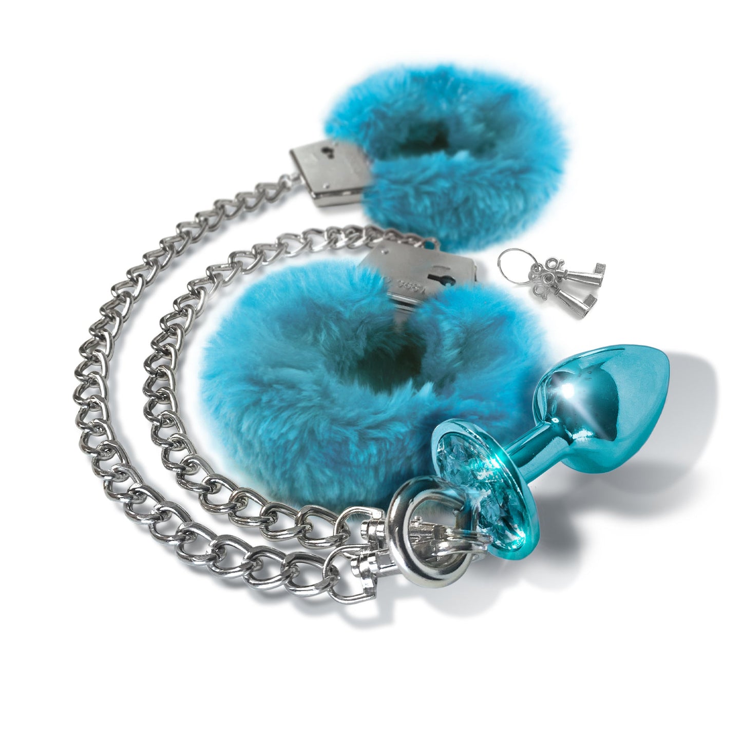 NIXIE Metal Butt Plug and Furry Handcuff Set, Blue - THES