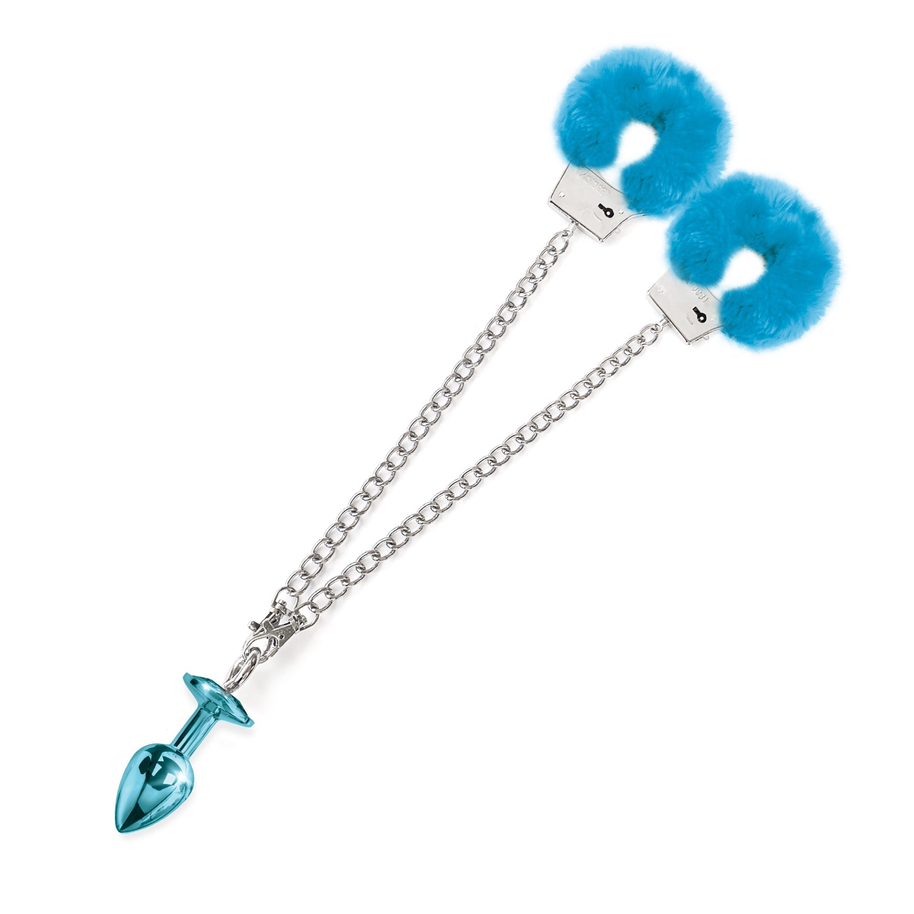 NIXIE Metal Butt Plug and Furry Handcuff Set, Blue Global Novelties LLC NIXIE Metal Butt Plug and Furry Handcuff Set, Blue Global Novelties LLC