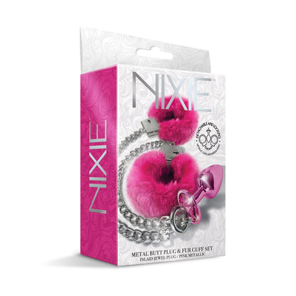 NIXIE Metal Butt Plug and Furry Handcuff Set, Pink - THES