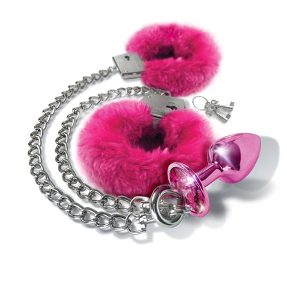 NIXIE Metal Butt Plug and Furry Handcuff Set, Pink - THES