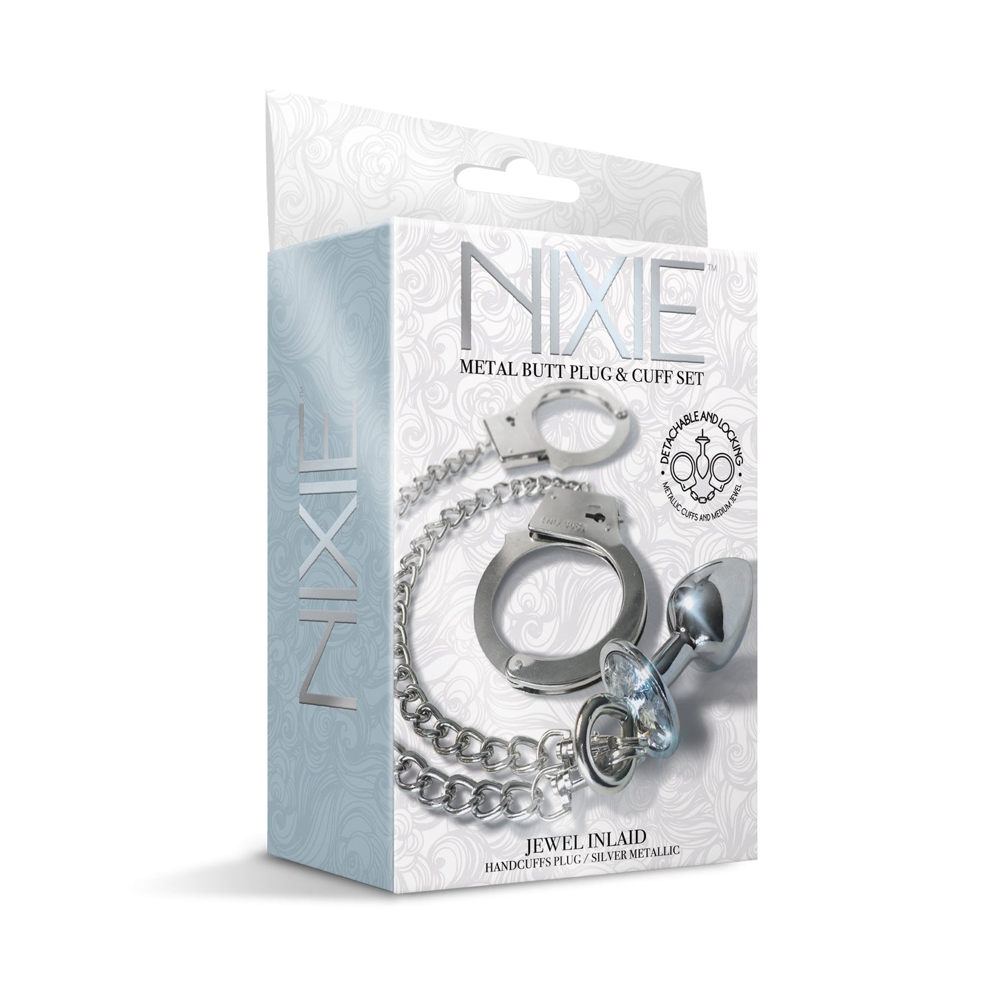NIXIE Metal Butt Plug and Handcuff Set, Silver Global Novelties LLC NIXIE Metal Butt Plug and Handcuff Set, Silver Global Novelties LLC