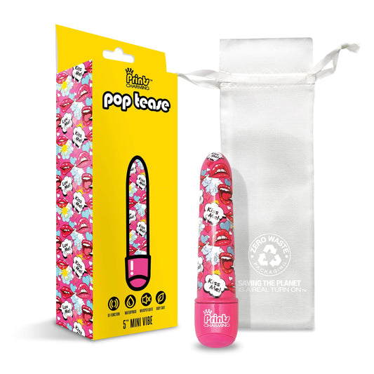 Prints Charming Pop Tease 5" Mini Vibrator, Kiss Me, Pink w/storage bag - The Happy Ending Shop