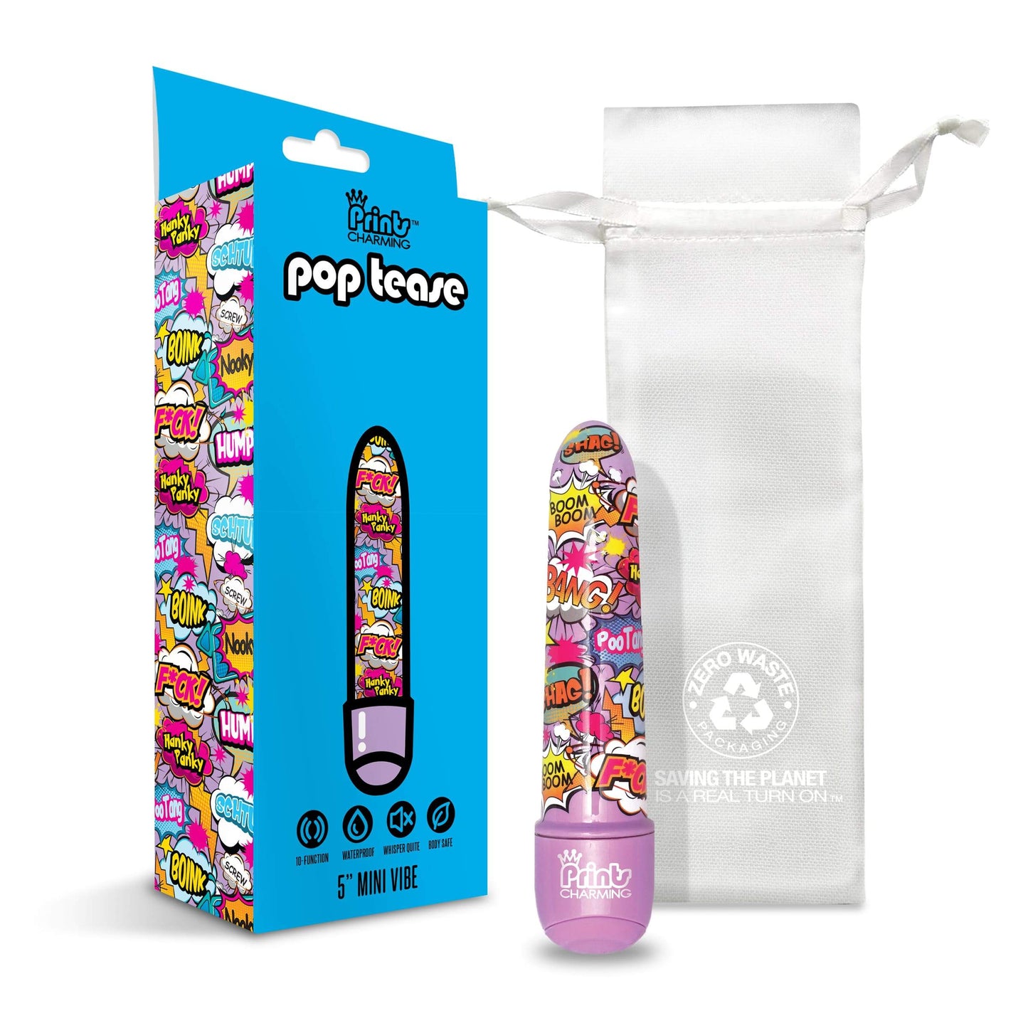 Prints Charming Pop Tease 5" Mini Vibrator, F*ck, Purple w/storage bag - The Happy Ending Shop